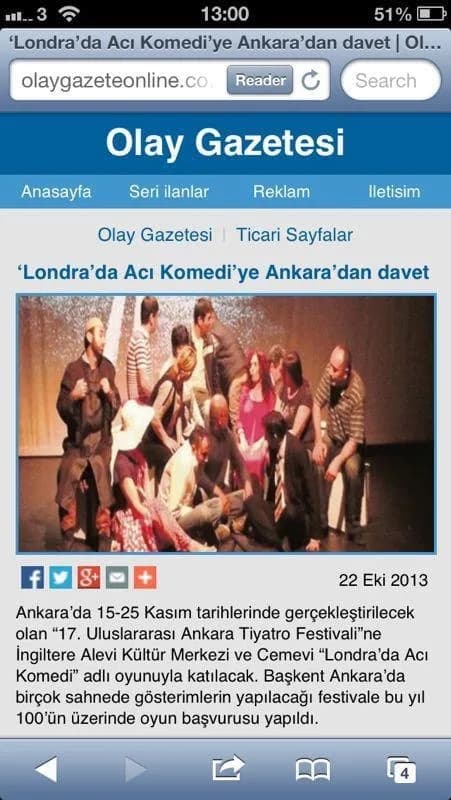 An invitation from Ankara for 'Bitter Comedy in London' — press cutting