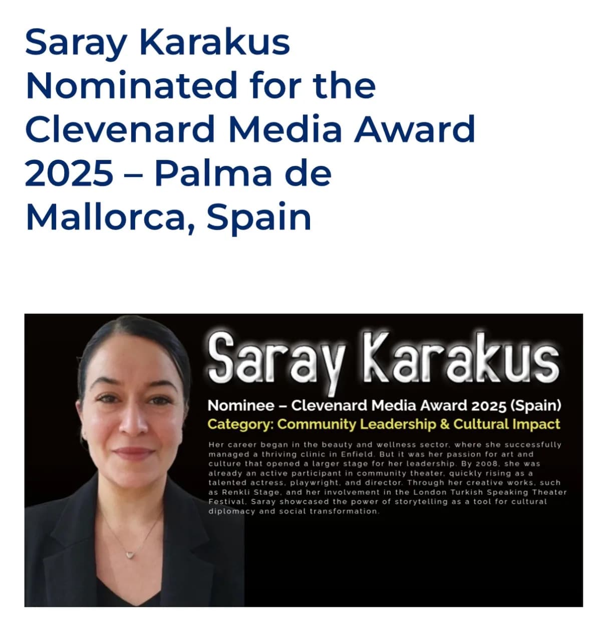 Saray Karakus Nominated for the Clevenard Media Award 2025 – Palma de Mallorca, Spain — press cutting